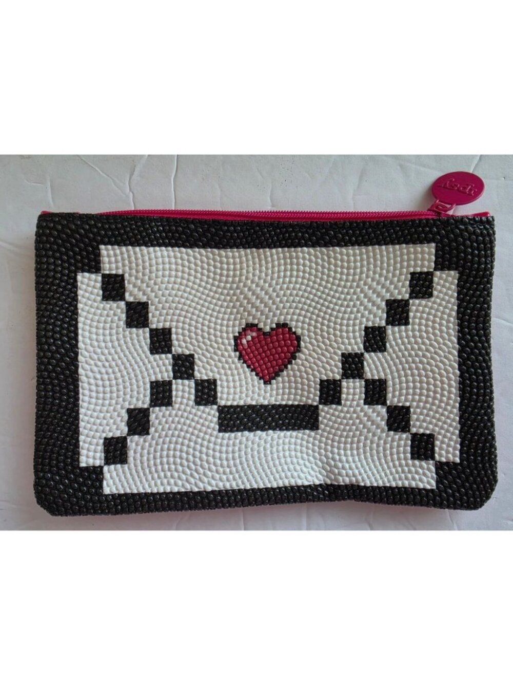 IPSY Pixel Love Zipper Pouch Cosmetic Bag Makeup Case Beaded 8-Bit Heart